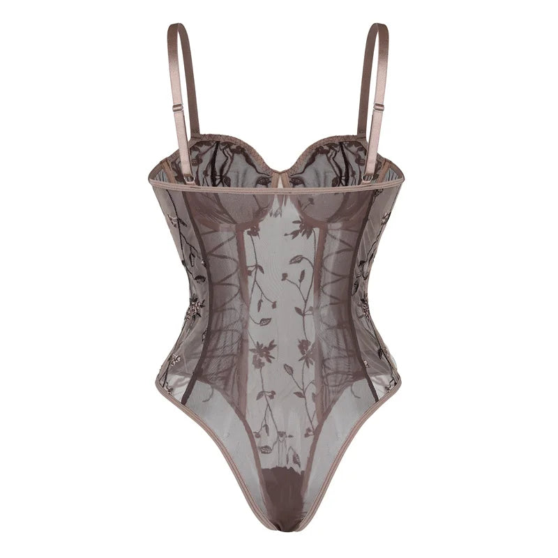 Floral Embroidery Mesh Bodysuit Women Steel Ring One-Piece Sexy Lingerie Lace Up See Through Summer Sleeveless Lace Bodysuits