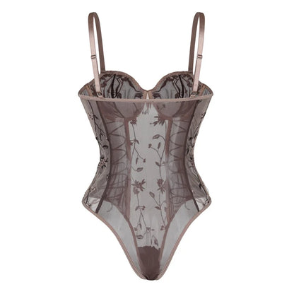 Floral Embroidery Mesh Bodysuit Women Steel Ring One-Piece Sexy Lingerie Lace Up See Through Summer Sleeveless Lace Bodysuits