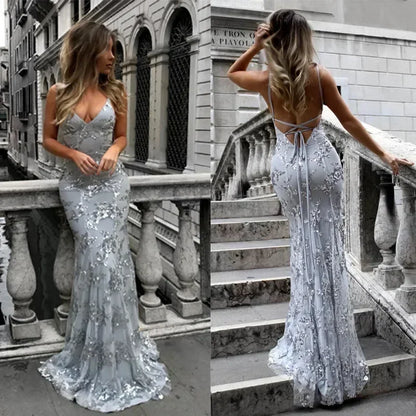 Women Dresses Sleeveless V Neck Pullover Sequins Party Dress Vestidos Formal Floor Length Sexy Wrap Breast Backless Slim