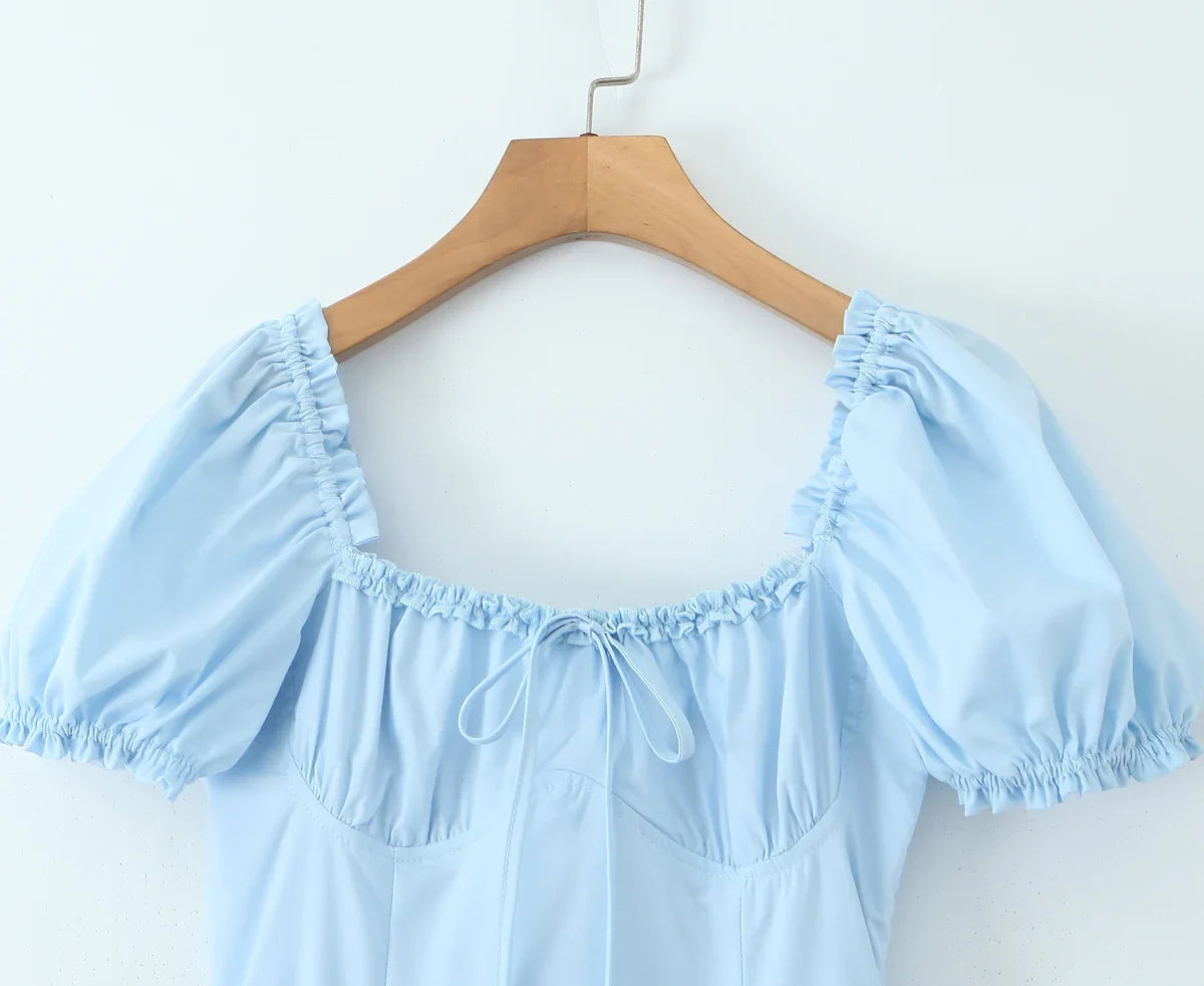 Bowknot Ruffles Light Blue Midi Dress Women&