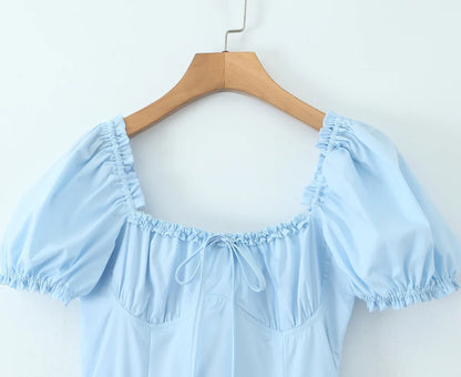 Bowknot Ruffles Light Blue Midi Dress Women&