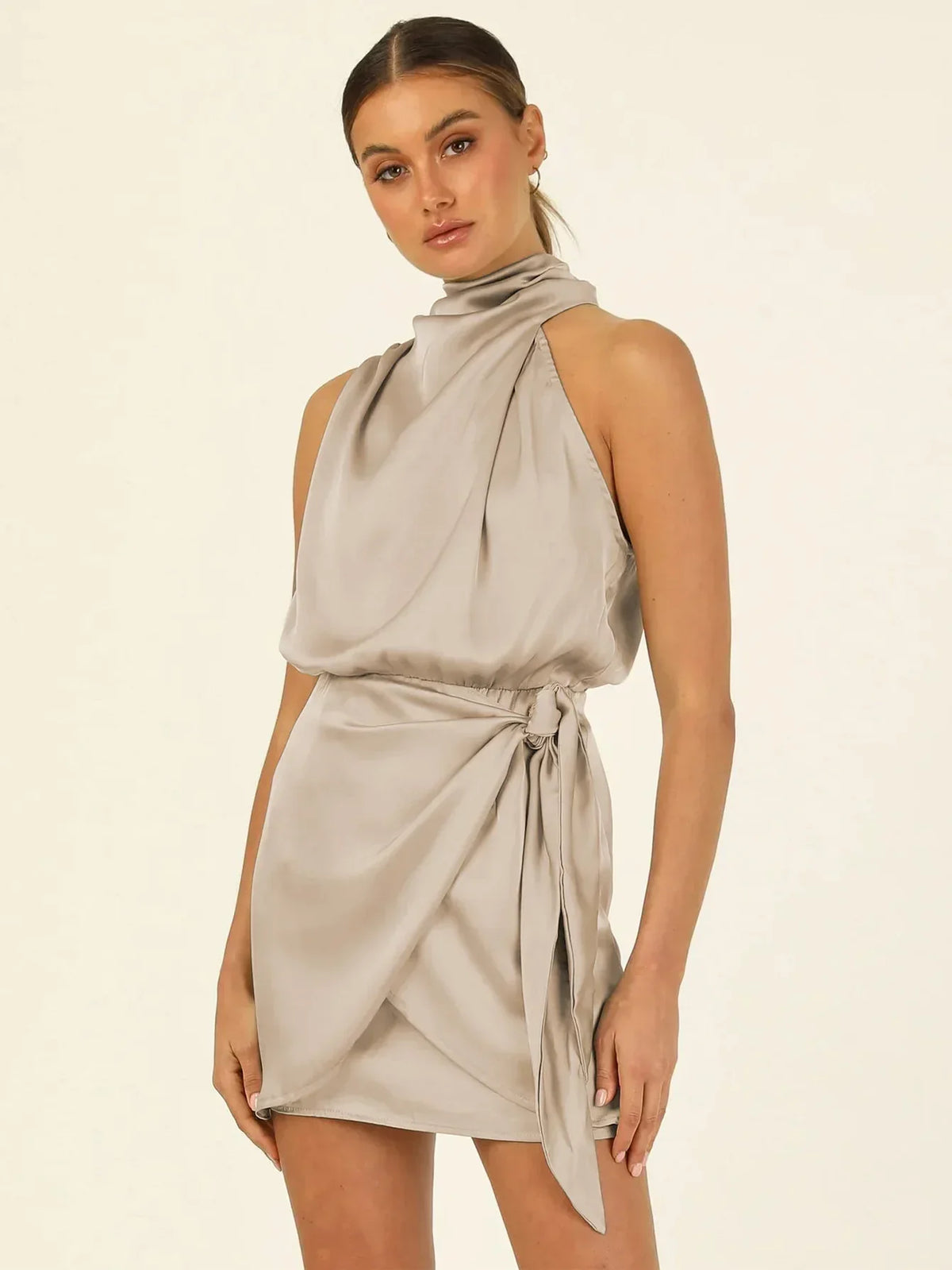 Foridol One Shoulder Turtleneck Tank Satin Women Party Dress Robe Zip Sleeveless Elegant Vintage Folds Women Clothing 2025
