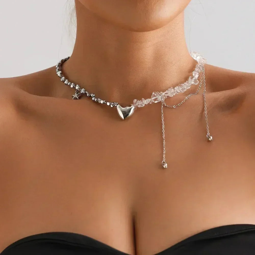 Fashion Heart Beaded Necklace for Women Boho Elegant Irregular Crystal Chain Y2K Choker Exquisite Party Gift Jewelry Accessories