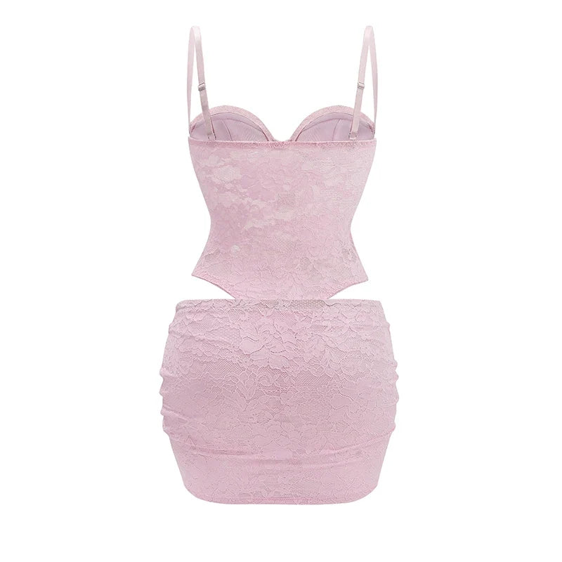 Sexy Women Pink Lace 2 Pieces Set Spaghetti Strap Bodysuit and Ruched Bodyon Mini Skirt Sweetheart Neck Club Party Daily Outwear