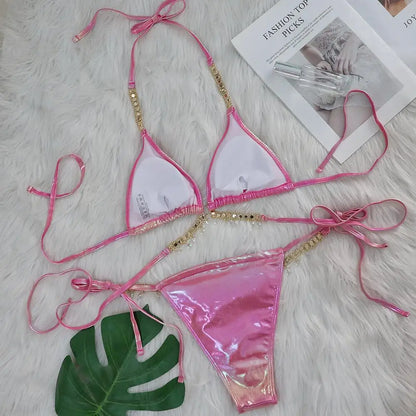 DEKA Shiny Diamond Chain Bikinis Set Mujer Two Pieces Crystal diamond Swimsuit Women Thong Swimwear Sexy Halter Swimsuit
