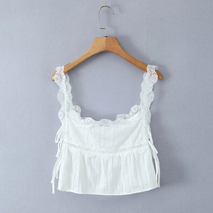 Foridol White Lace Tops for Women Summer Casual Side Tie Up Cotton Camis Top Buttons Casual Beach Vacation New Tops