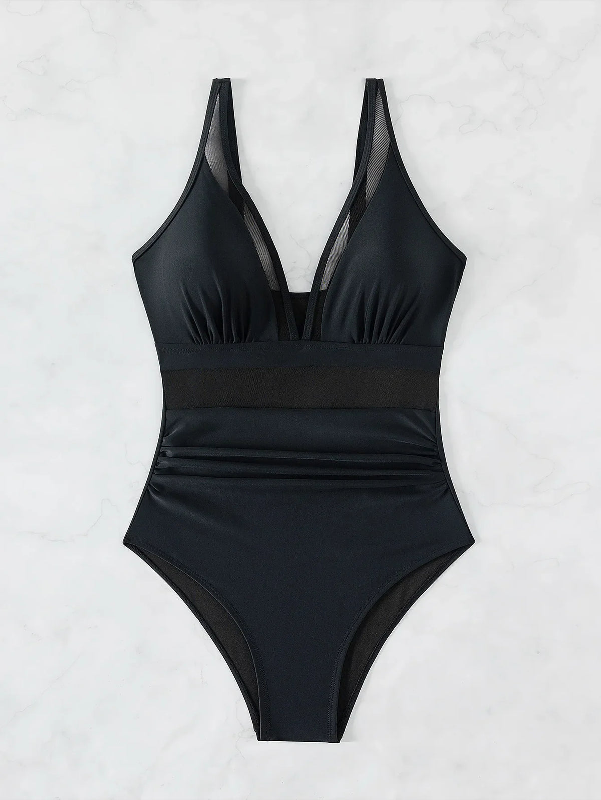 Solid Color One Piece Bikini for Women,sexy Deep-V Neck Suspender Backless Swimsuit,high Waist Translucent Striped Mesh Swimwear