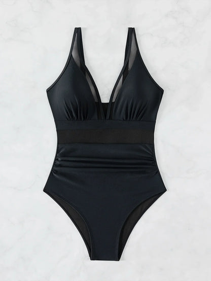 Solid Color One Piece Bikini for Women,sexy Deep-V Neck Suspender Backless Swimsuit,high Waist Translucent Striped Mesh Swimwear