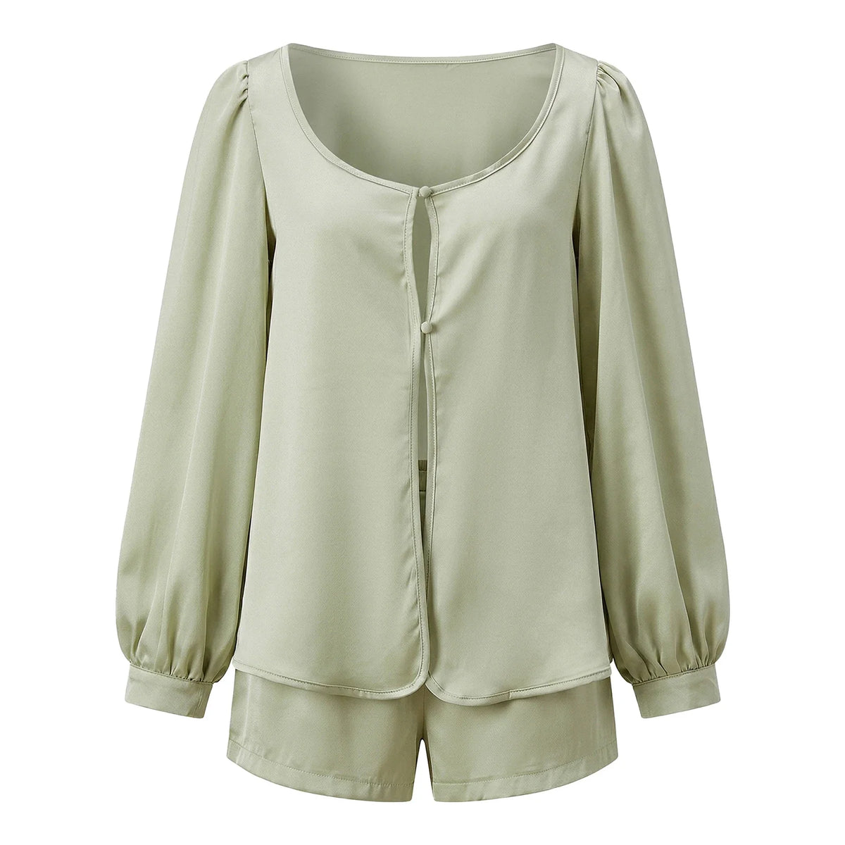 Women’s Casual 2 Piece Outfits Long Lantern Sleeve Button Down Tops + Shorts Set Solid Color Loose Suits
