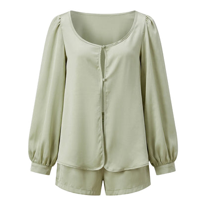 Women’s Casual 2 Piece Outfits Long Lantern Sleeve Button Down Tops + Shorts Set Solid Color Loose Suits