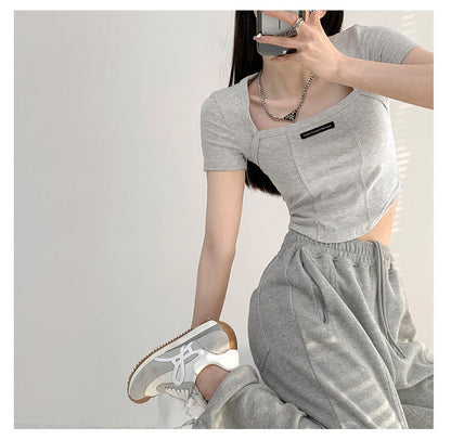 Curved Crop Tops Women Summer Square Collar Short Sleeve T-Shirt Fashion Slim Woman