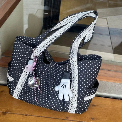 Sweet Lace Shoulder Bag Korean Style Canvas Tote With Polka Dot Pattern Large Capacity And Multi Pocket