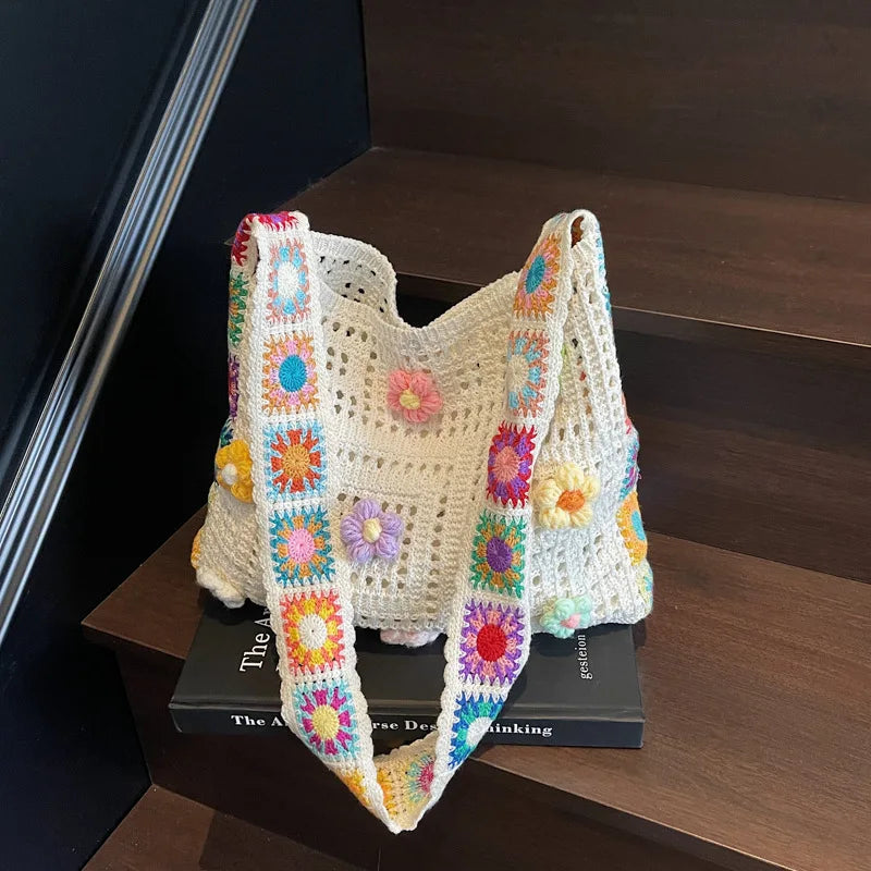 Dawndesslo Boho Crochet Bag Floral Knitted Handbag With Large Capacity