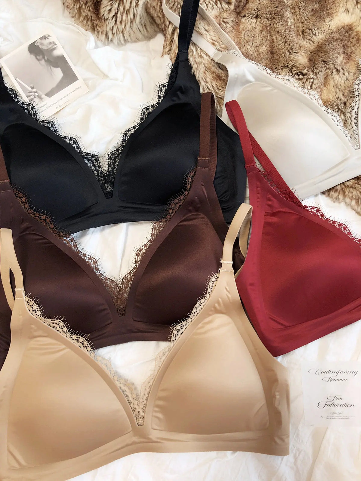 French Sexy Seamless Lingerie Women Silk Satin Lace Bra Deep V Triangular Cup Push Up Bras Adjustable Strap Comfort Underwear
