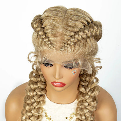1B/30 Dark Brown Synthetic Lace Frontal Dutch Box Braided Wigs for Black Women Fishtail Braids Wigs with Baby Hair Cornrow Wigs