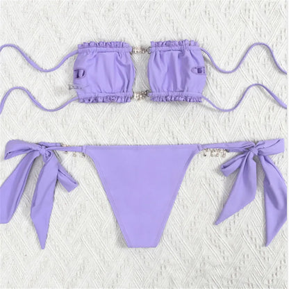 Sexy Rhinestone Chain Micro Thong Bikini Women Swimwear Ruffled Bandeau Swimsuit Knotted Bathing Swimming Suit Bikinis Sets 2026