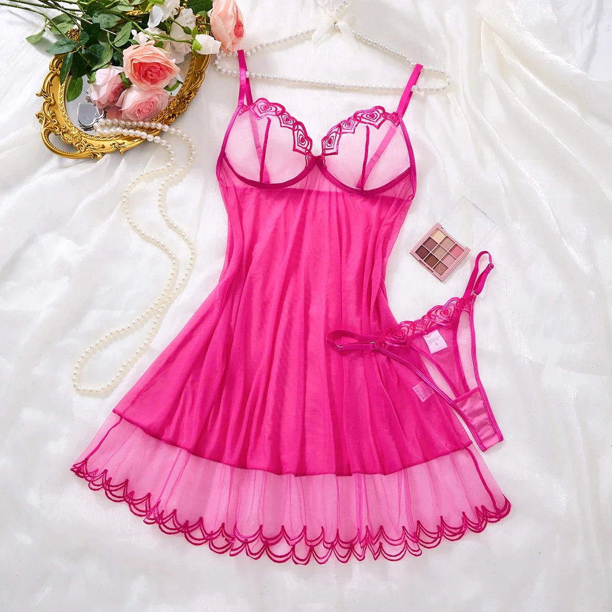 Hot Pink Scalloped Lace Mesh Babydoll Lingerie Set Underwire Nightgown With Matching Thong Women Sleepwear ZA825181