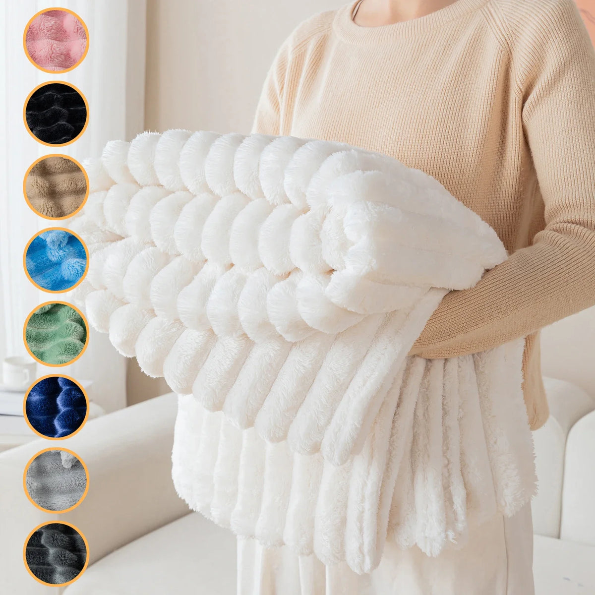 1pc solid color thick wide stripe multifunctional blanket, can be used as bed sheet covering blanket, nap blanket, pet blanket