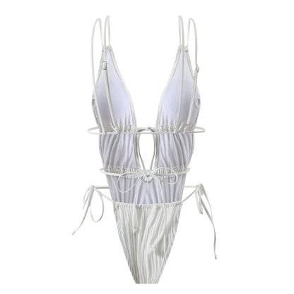 Sexy Backless One Piece Swimsuit Woman 2026 String Texture Swimwear Hollow Out Monokini High Cut Bathing Suit Deep V Neck Bather