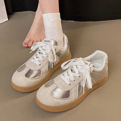 Silver Patchwork Platform Sneakers Women Thick Bottom Lace Up German Training Shoes Woman Spring Autumn Korean Non Slip Flats