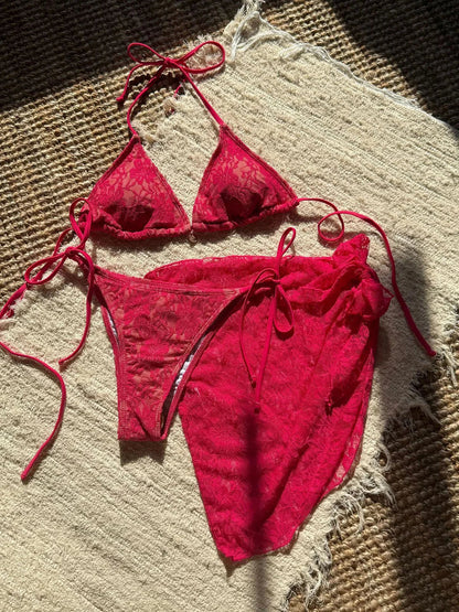 Mesh Sarong Lace Halter High Cut Bikini Female Swimsuit Women Swimwear Three-Pieces Bikini Set Bather Bathing Suit Swim V6284