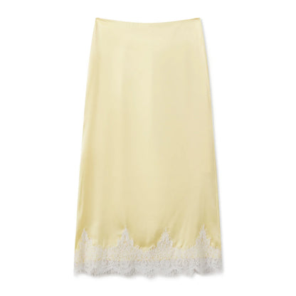 Women Solid Color Satin Long Skirs Elegant Low Waist Lace Patchwork Flowy Summer Skirt for Casual