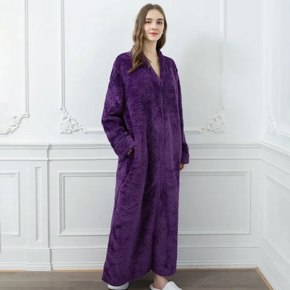 New Women Winter Extra Long Warm Jacquard Flannel Bathrobe Pregnant Zipper Plus Size Dressing Gown Lounge Coral Fleece Bath Robe