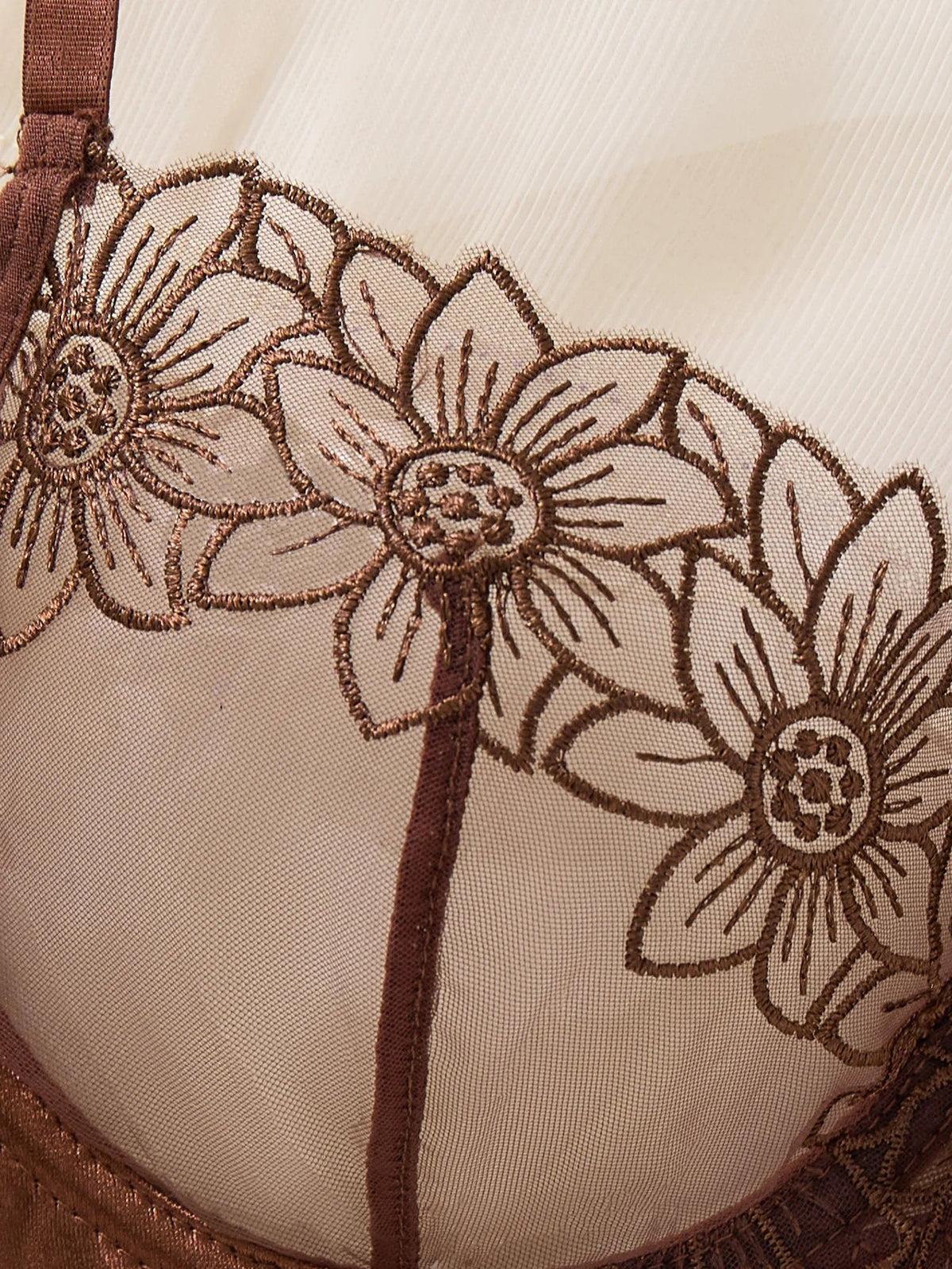 Coffee Brown Floral Embroidery Satin Mesh Lingerie Set Underwire Bra With Matching Thong Women Sexy Intimates ZA825126