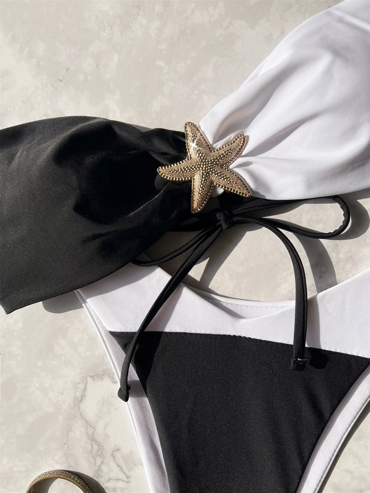 sexy metal starfish patchwork bandeau bikinis sets two pieces back tie thong swimsuits bathing suit swimwear tankini biquini