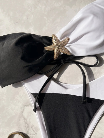 sexy metal starfish patchwork bandeau bikinis sets two pieces back tie thong swimsuits bathing suit swimwear tankini biquini