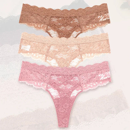 3-Piece Lace Thong Panties for Women – Seamless, Low-Rise Lingerie