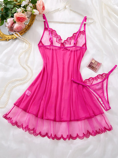 Hot Pink Scalloped Lace Mesh Babydoll Lingerie Set Underwire Nightgown With Matching Thong Women Sleepwear ZA825181