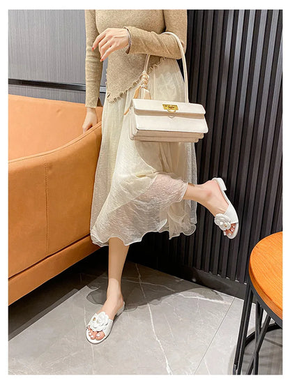 High End Luxury Flower Slippers Women Camellia Shoes Open Toe Slides Femme Outside&amp;Home Pantuflas Sandals Ladies Flip Flops