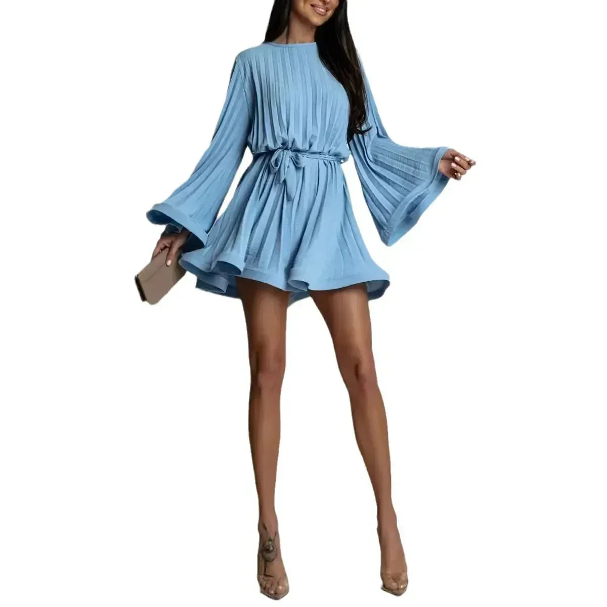 2025 Elegant Pleated Mini Dress - Flared Sleeve Lace-Up Summer Dress | Femstylo