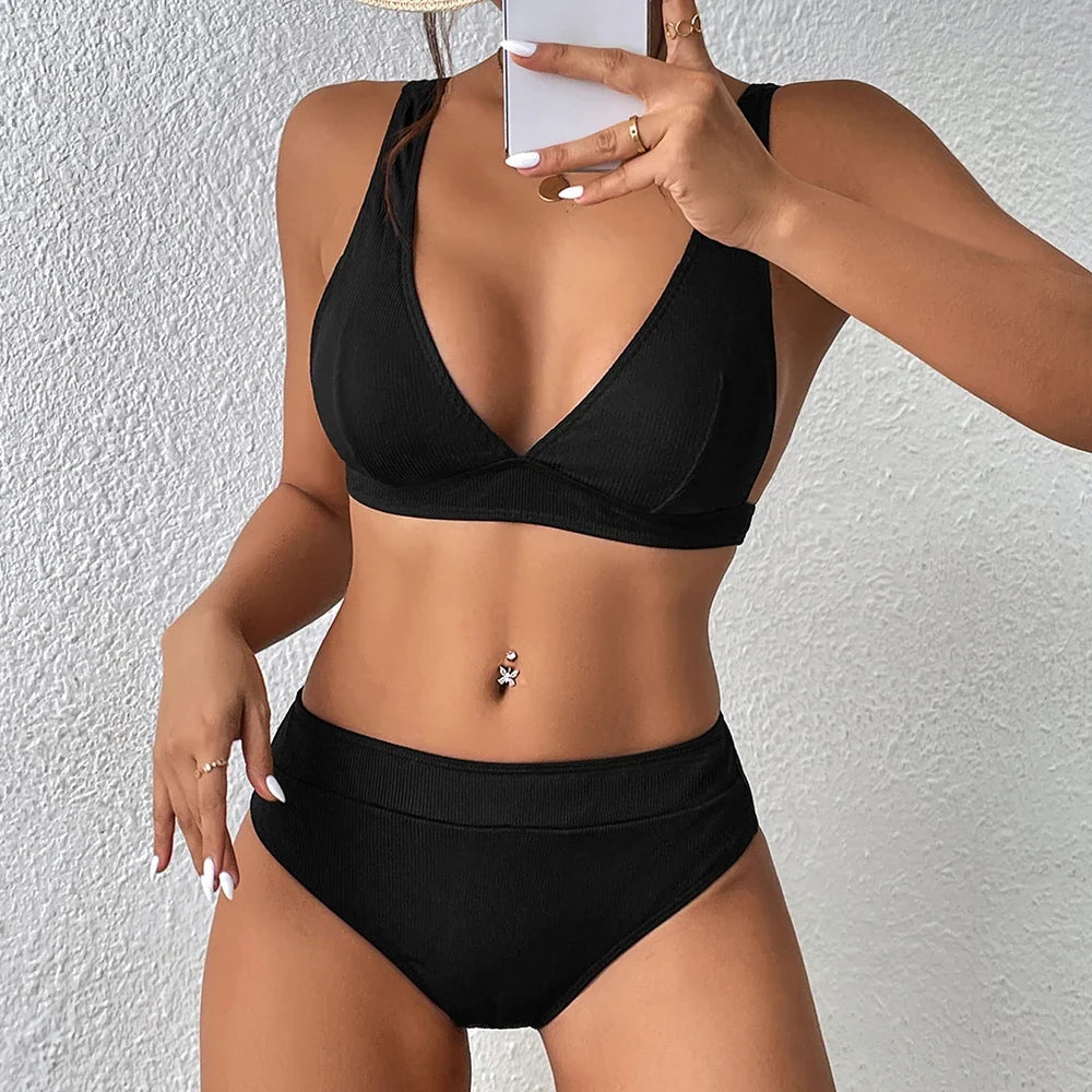 Summer new style small pit strip pure color bikini two-piece set sexy beach vacation women&