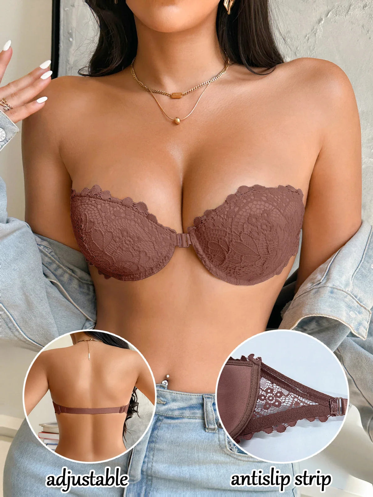 Half Cup Lace Women Strapless Bra Stylish Push Up Underwire Bra Comfortable Front Closure Daily Women&