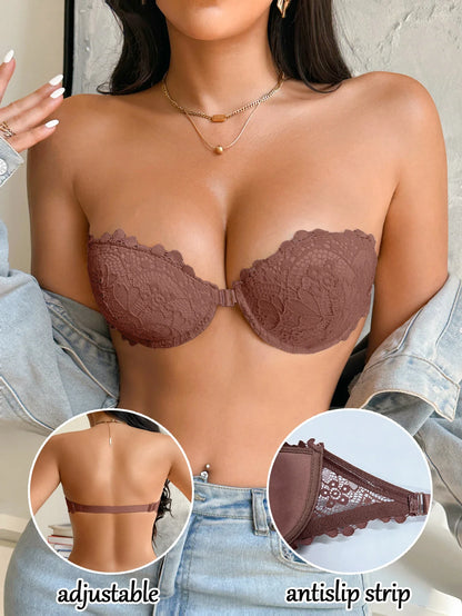 Half Cup Lace Women Strapless Bra Stylish Push Up Underwire Bra Comfortable Front Closure Daily Women&