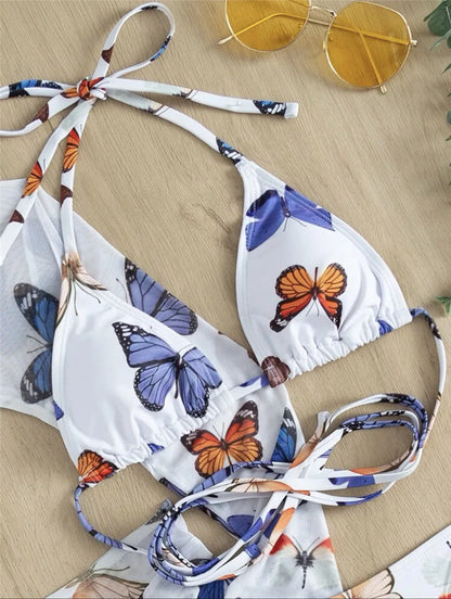 White Butterfly Print Swimwear Cover Up Bikinis Sets 3 Pieces Sexy Swimsuit Women 2026 Beach Wear Halter String Triangle Bikini