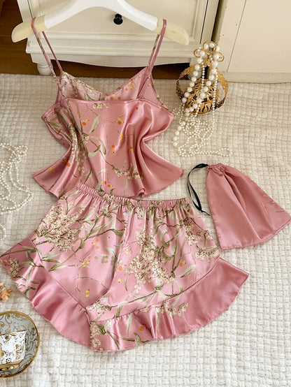 New Women Satin Pajama Set Cherry Print V Neck Top Ruffle Shorts Versatile Outfit Wearable Outside Elegant Sleepwear