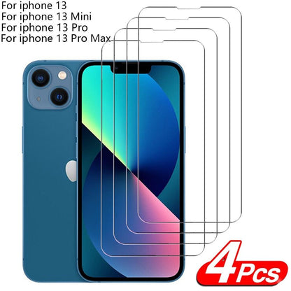 4Pcs Protective glass on For iPhone 14 13 12 11 Pro Max XS XR Mini screen protector Tempered glass For iphone 7 8 14 Plus glass Clear Screen Protector Guard Anti Scratch Screen Protector For iPhone