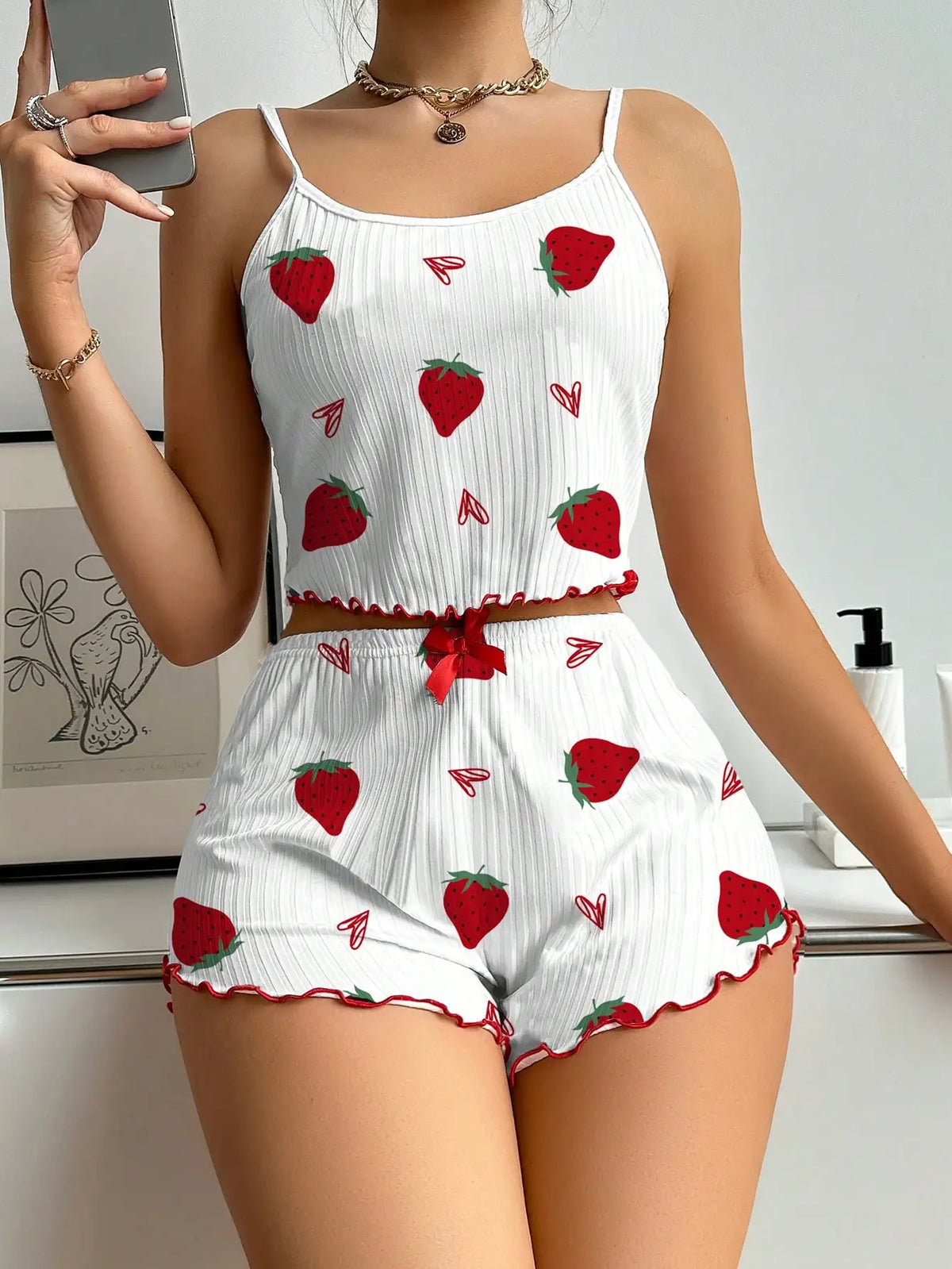 Camisole Strawberry Printing Casual Vest Tops and Shorts 2 Pieces Pajamas Set Women&