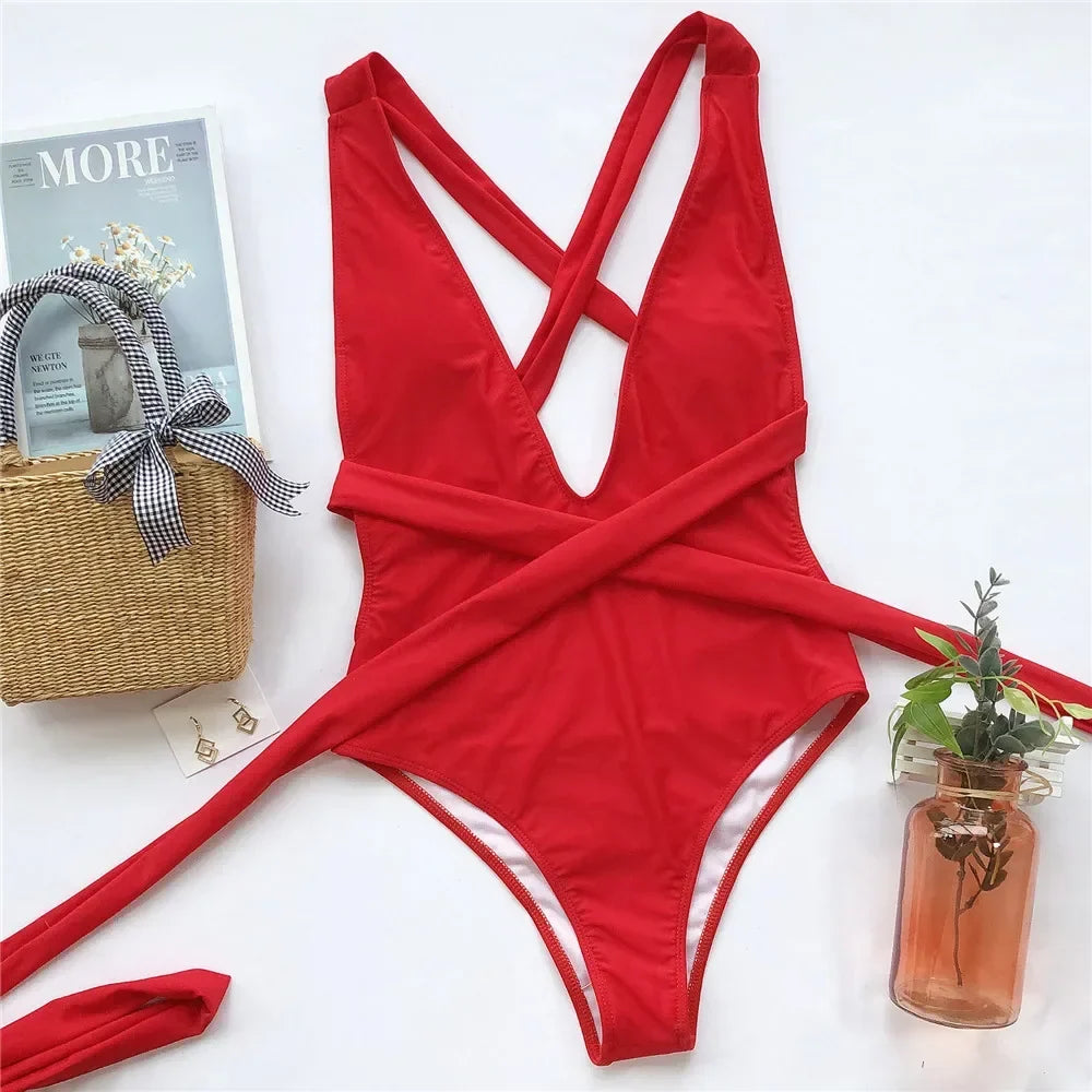 Sexy Red Cross Bandage Backless Swimwear One Piece Swimsuits Woman 2026 Knotted Straps Swimming Bathings Suit V Neck Bodysuits