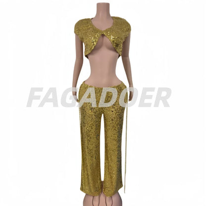 FAGADOER Sexy Hollow-out Sequin 2 Pieces Set for Woman Solid Deep V-neck Crop Top and Tassel Pants Female Streetwear Clothing