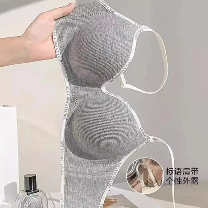 Thickened Push-Up Bra for Small Chest Wireless No Steel Ring Letter Print Adjustable Straps Anti-Slip Pads Seamless Lingerie