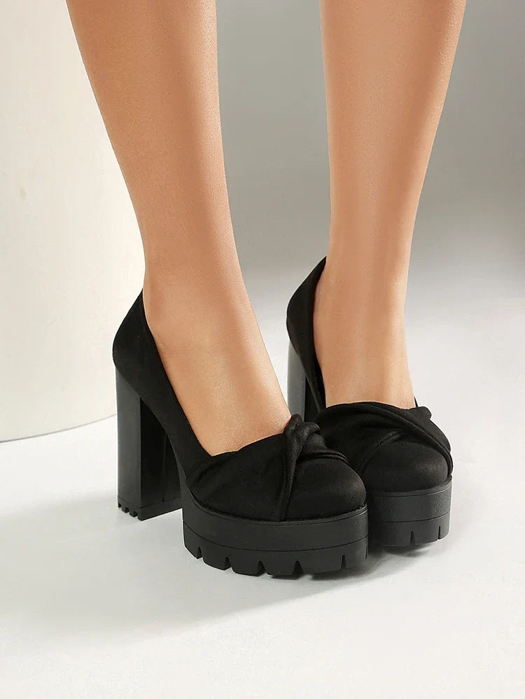 Plus Size Cross Soft PU Upper Platform Ultra Coarse Heel Shallow Breathable High Heels Office Women&