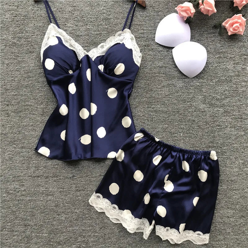 Polka Dot Print Satin &amp; Lace Cami Shorts Set with Built-in Soft Padded – Top-Rated Women&
