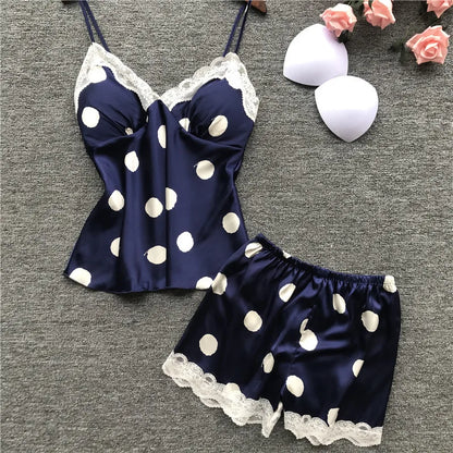 Polka Dot Print Satin &amp; Lace Cami Shorts Set with Built-in Soft Padded – Top-Rated Women&
