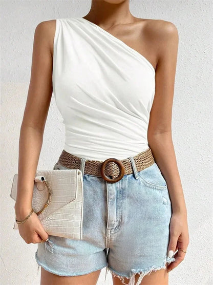 Women One Shoulder Pleated Tank Top Summer Solid Sleeveless Ruched T-shirt Streetwear Off the Shoulder Top