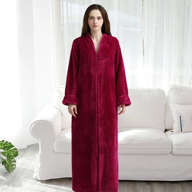 New Women Winter Extra Long Warm Jacquard Flannel Bathrobe Pregnant Zipper Plus Size Dressing Gown Lounge Coral Fleece Bath Robe