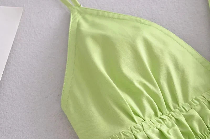 Foridol Elastic Smocking Green Cotton V Neck Summer Women&